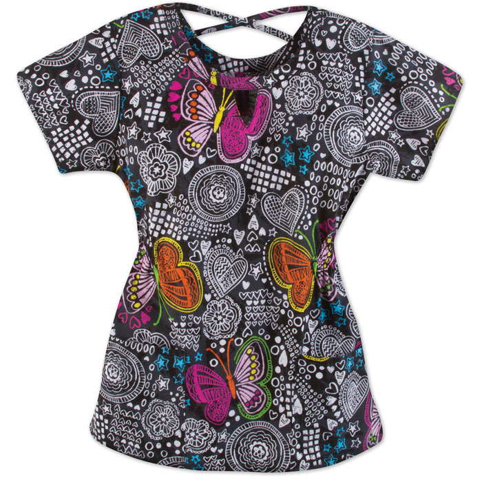 5068-CHFL - Criss Cross Back Scrub Top with Keyhole Neckline - Chalkboard Flutter