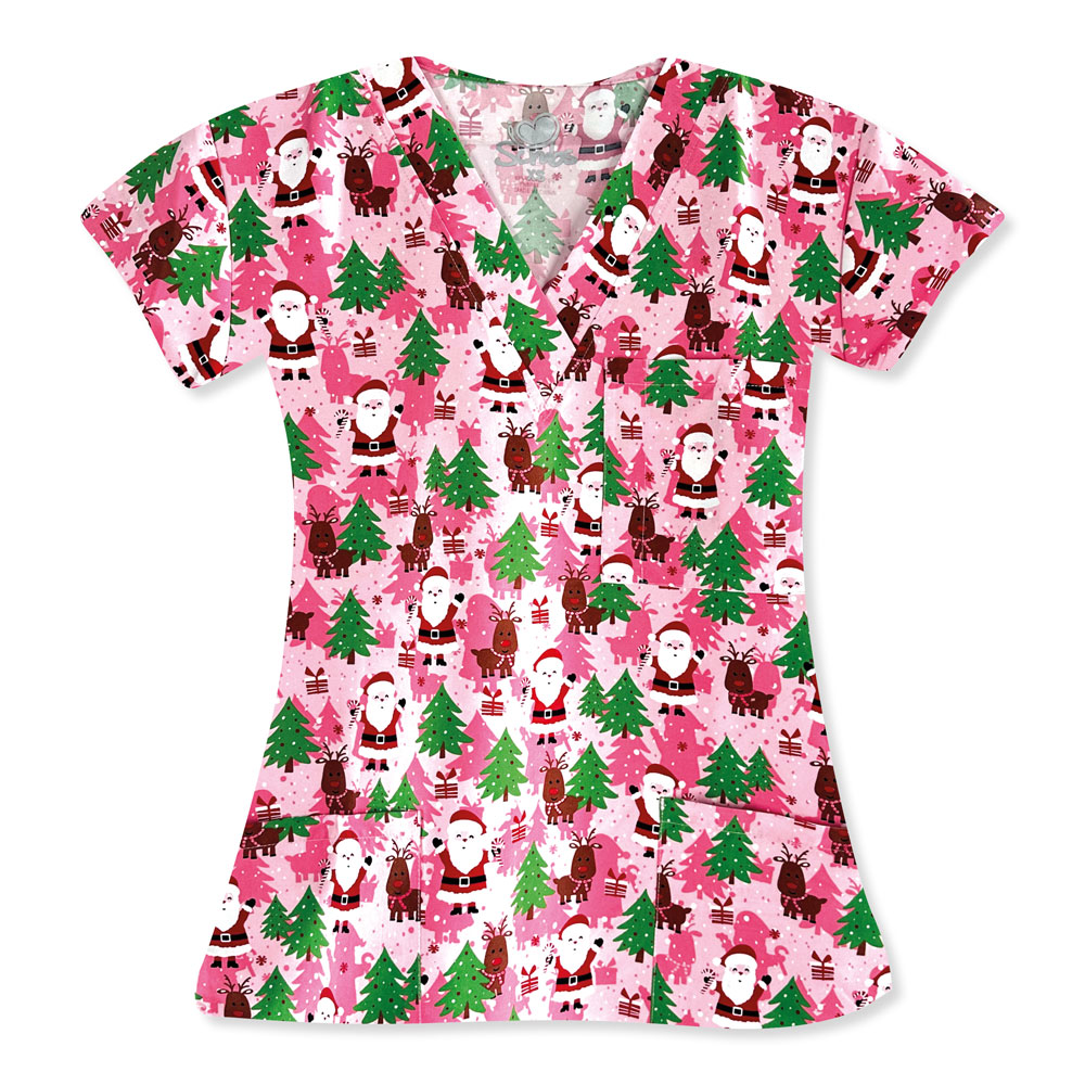 9904-3211M - Ladies 3 Pocket V-Neck Scrub Top - SANTAS DEER