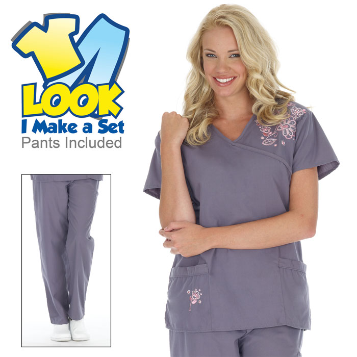 7069-19 - Steel Gray Set - Embroidered Set - Scrub Set - Sets - Scrub Sets - Flowers