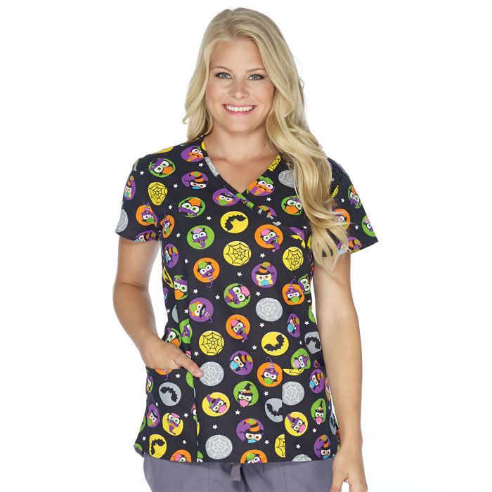 9100-688C - Ladies Mock Wrap Scrub Top - Spooky Owls