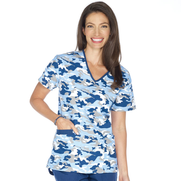 9200-566 - Contrast V-Neck 2 Pocket Top - Camo Blue