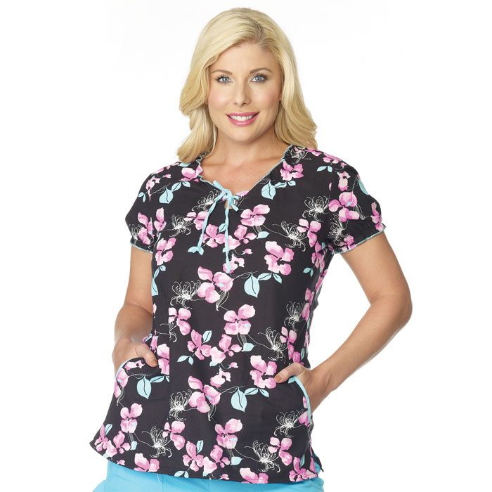 952-614C - Ladies - Jewel Neck Ruffle Top - 2 Pockets - Bouquet at ...