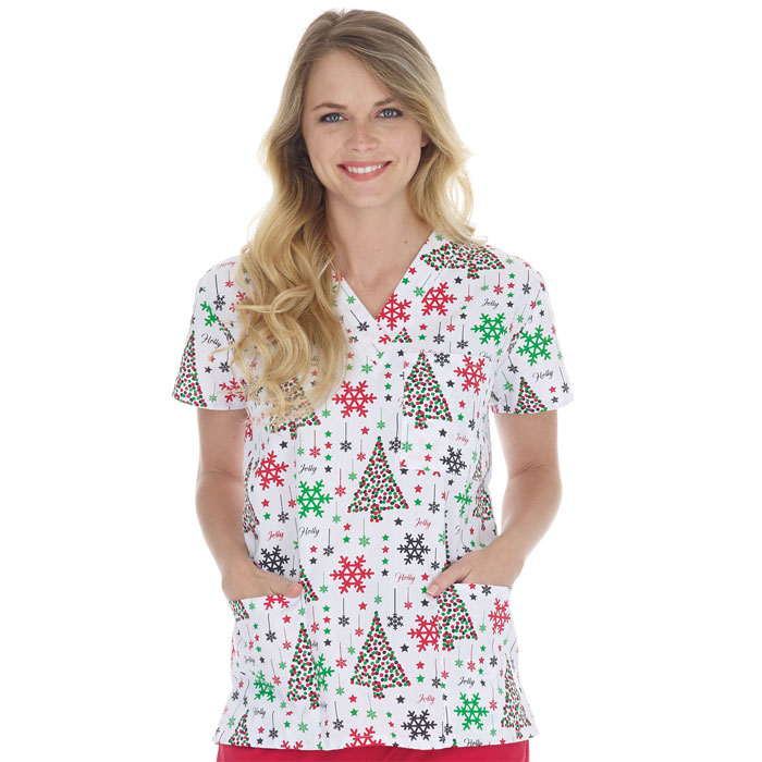 9904-1291 - Ladies 3 Pocket V-Neck Scrub Top - Holly Jolly Christmas