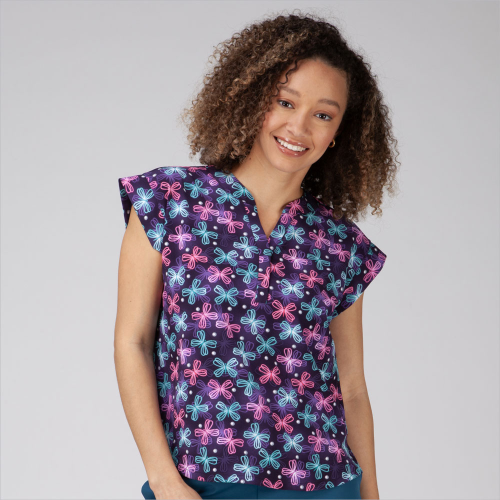 5218-3479-Ladies-2-Pocket-V-Neck-Top-NEON-BUTTERFLIES