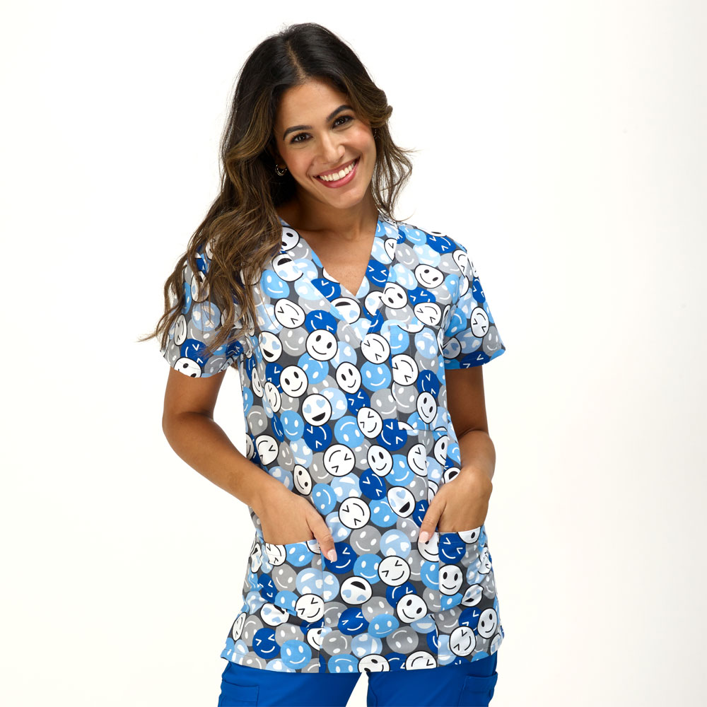 9904-3388M-Ladies-3-Pocket-V-Neck-Top-BLUE-EMOJI