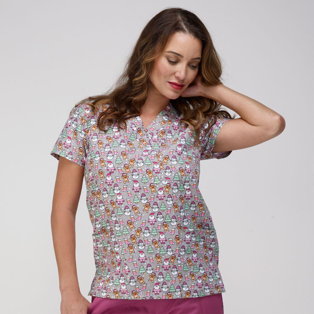 9904-3391M - Ladies 3 Pocket V-Neck Scrub Top - SNOWFRIENDS