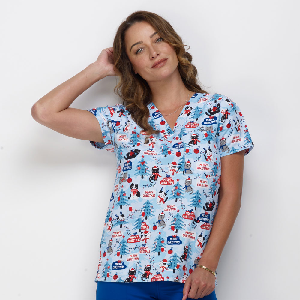 9904-3392M - Ladies 3 Pocket V-Neck Scrub Top - VERY MEOWY